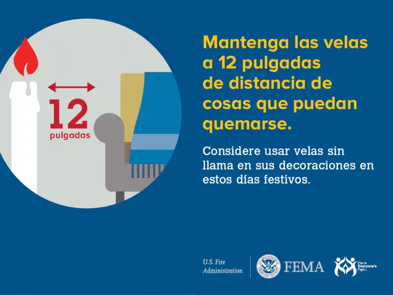 A lit candle is shown 12 inches away from a curtain, with text in Spanish advising to keep candles 12 inches from anything that can burn and to consider using flameless candles for holiday decorations.