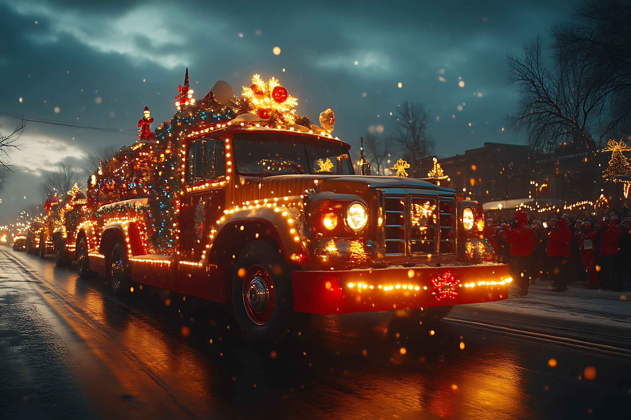 A festive parade features vintage trucks decorated with colorful Christmas lights and ornaments, driving down a wet street at dusk, with crowds of people watching and snow softly falling.