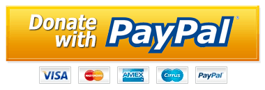 A yellow "Donate with PayPal" button is shown, with logos for Visa, MasterCard, American Express, Cirrus, and PayPal displayed below.