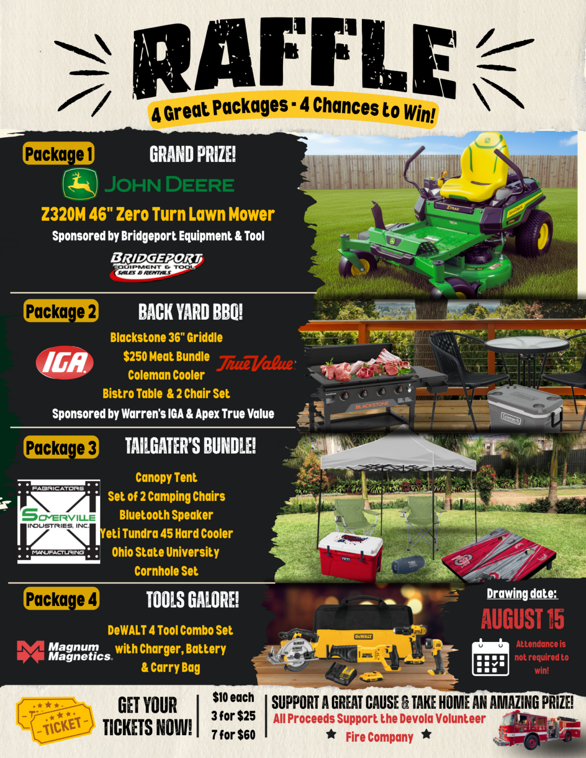 Raffle flyer with four prize packages: a John Deere lawn mower, backyard set with grill and cooler, camping tailgater’s bundle, and DeWALT tools. Includes sponsor logos, prize images, and ticket details. Event date: August 15.